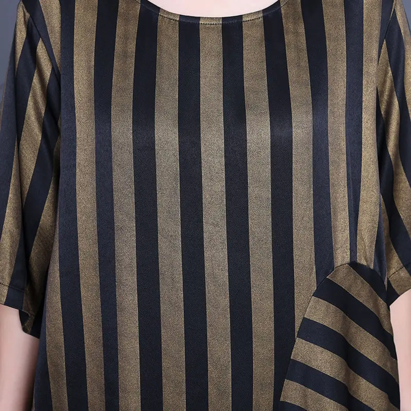 

XITAO Asymmetrical Stripe Print Dress Fashion Casual Splicing Women Loose O-neck Collar Simplicity All-match Summer New WMD0172