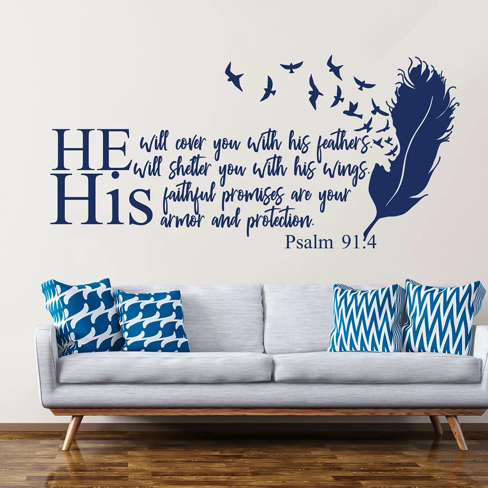 

Bible verse wall decals quotes he will cover you with his feathers christian psalm 91:4 Wall Decal Viny Home bedroom decor Z963