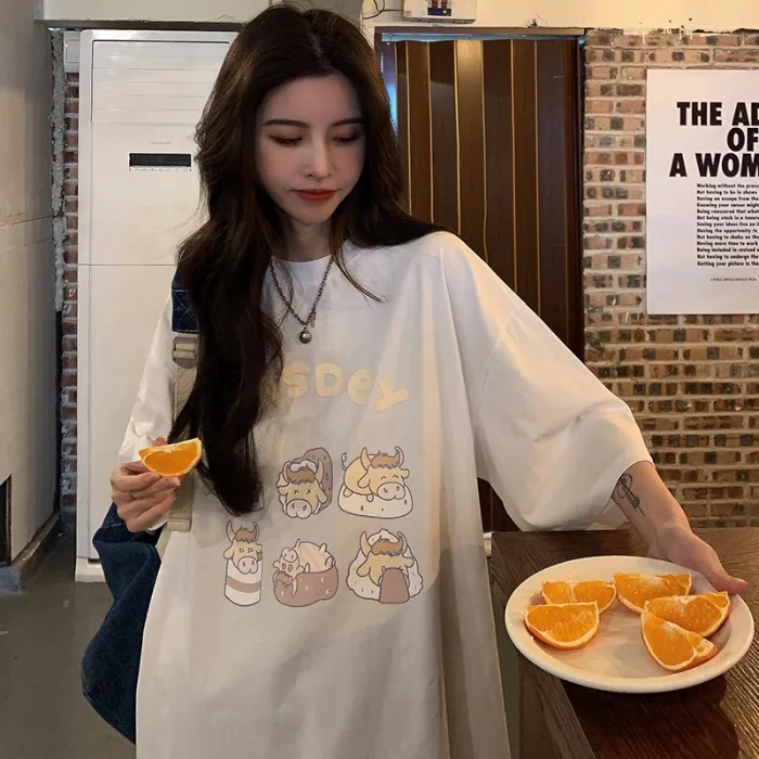 Шикарная футболка в гонконгском стиле с коротким рукавом Женская свободная