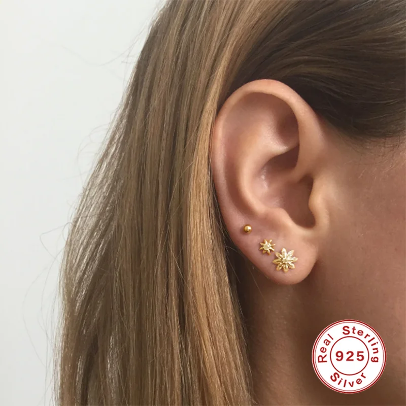 

Sterling Silver Flower Stud Earrings for Women Mini Zircon Piercing Small Earring Pendientes Jewelry Bijoux Girl Aretes silver