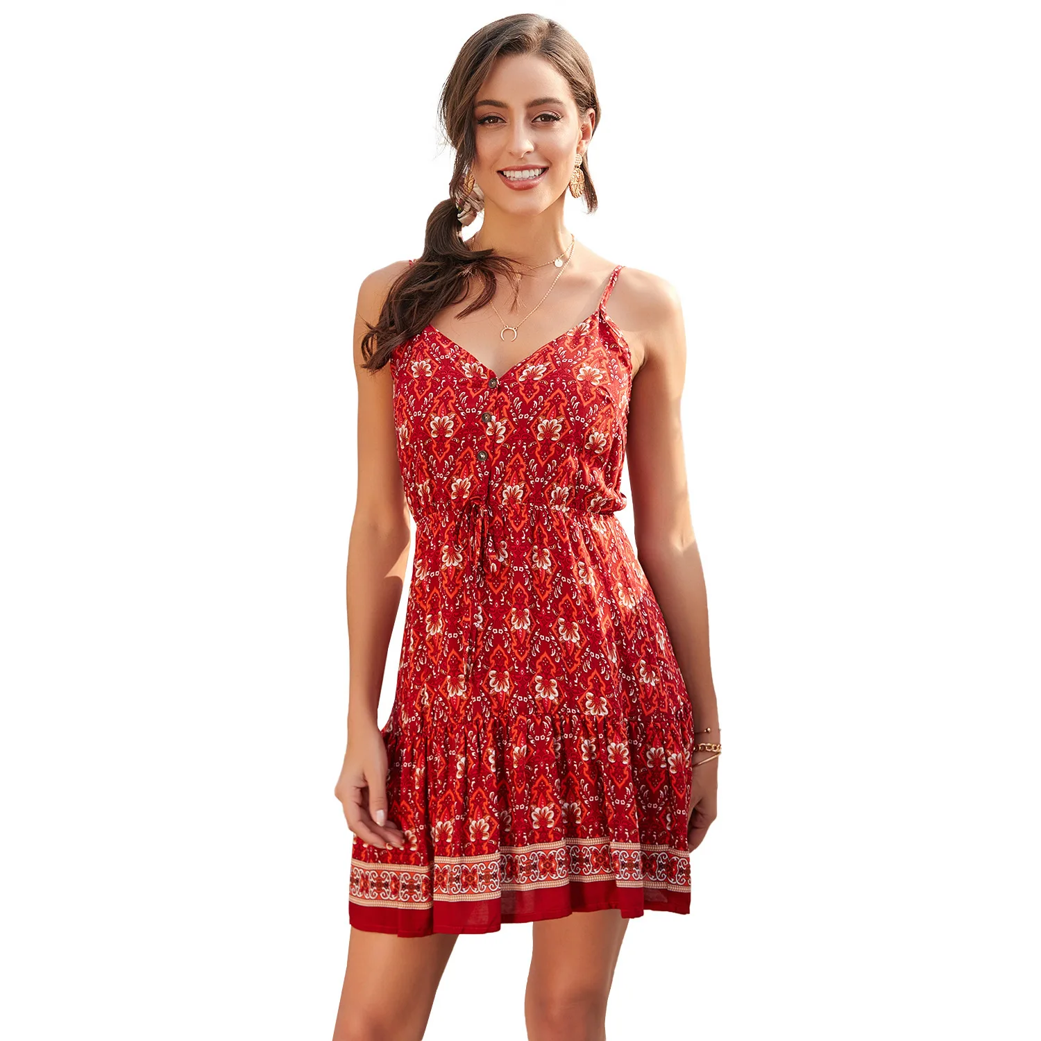 

2021 Summer Spaghetti Strap Mini Dress Beach Boho Bohemian Chic V-Neck Dress Floral Flower Print A-LINE Lace Up Slim Sundresses