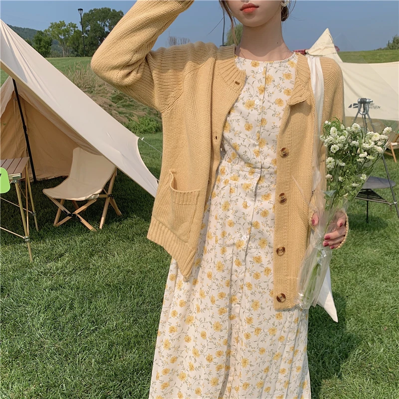 

French Retro Floral Skirt Women's Early Spring Yellow Little Daisy Long Skirt Ankle Fairy Mori Style Gentle Dress Temperament