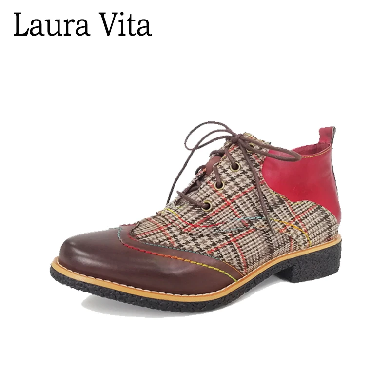 

Laura Vita 2019 NEW COCRALIEO 07 Fashion Retro Bohemian Genuine Leather Lace-up Oxford Vintage Low Heel Boots