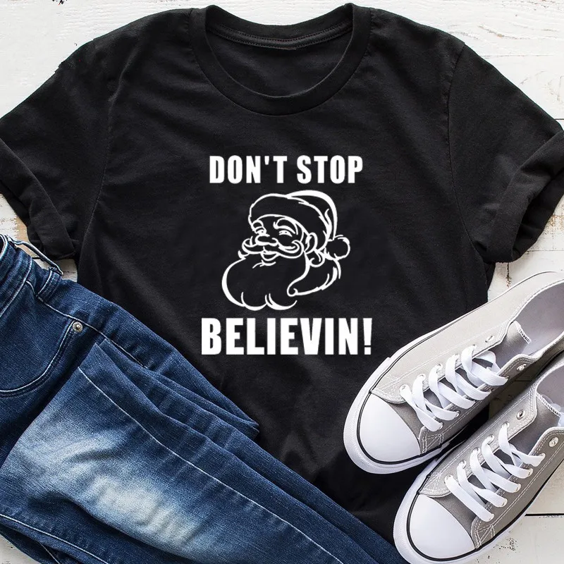 

Женская футболка из 100% чистого хлопка с принтом «Don STOP Believe Santa», женская футболка с коротким рукавом, женские топы, одежда