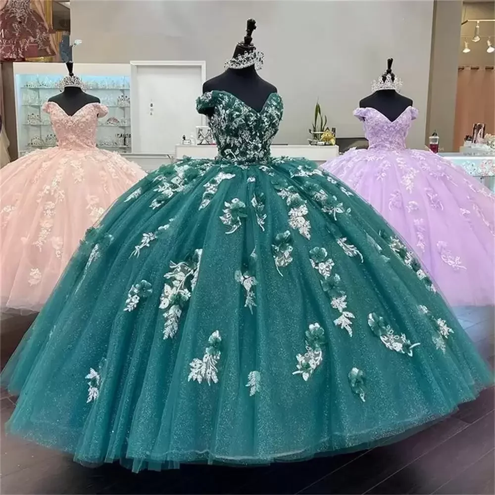 

Turquoise Quinceanera Dresses 2022 with 3D Floral Applique Off the Shoulder Corset Back Floor Length Sleeveless Prom Formal