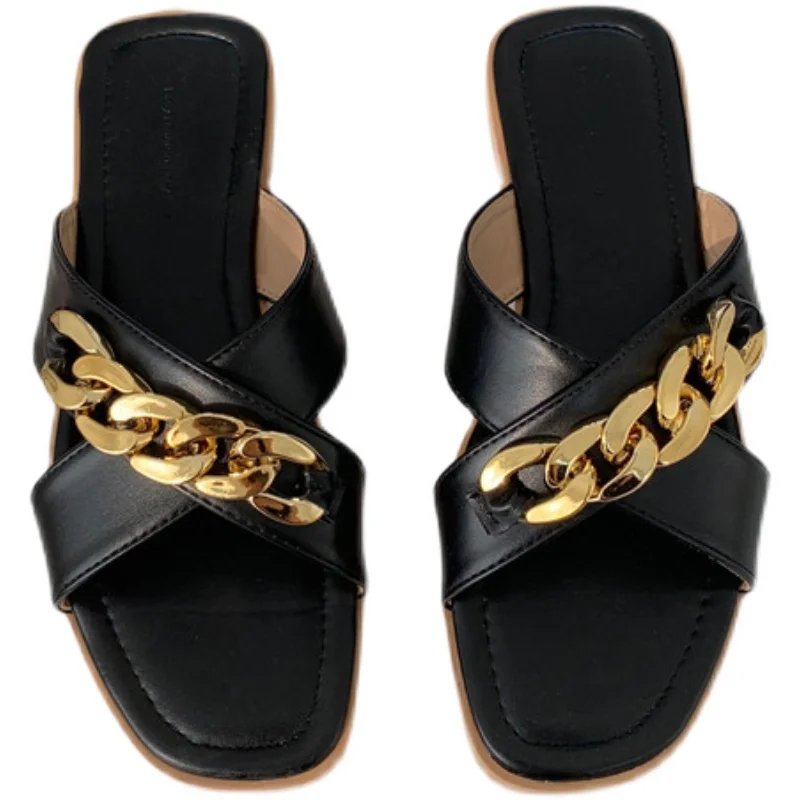 

Metal Chain Slides Flat Slippers Outside Cross Strap Women Mule Beach Shoes