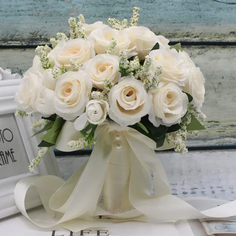 Свадебный букет из искусственных натуральных роз с шелковой атласной лентой, розовые, белые, шампанские, подружки невесты, для свадебной вечеринки
