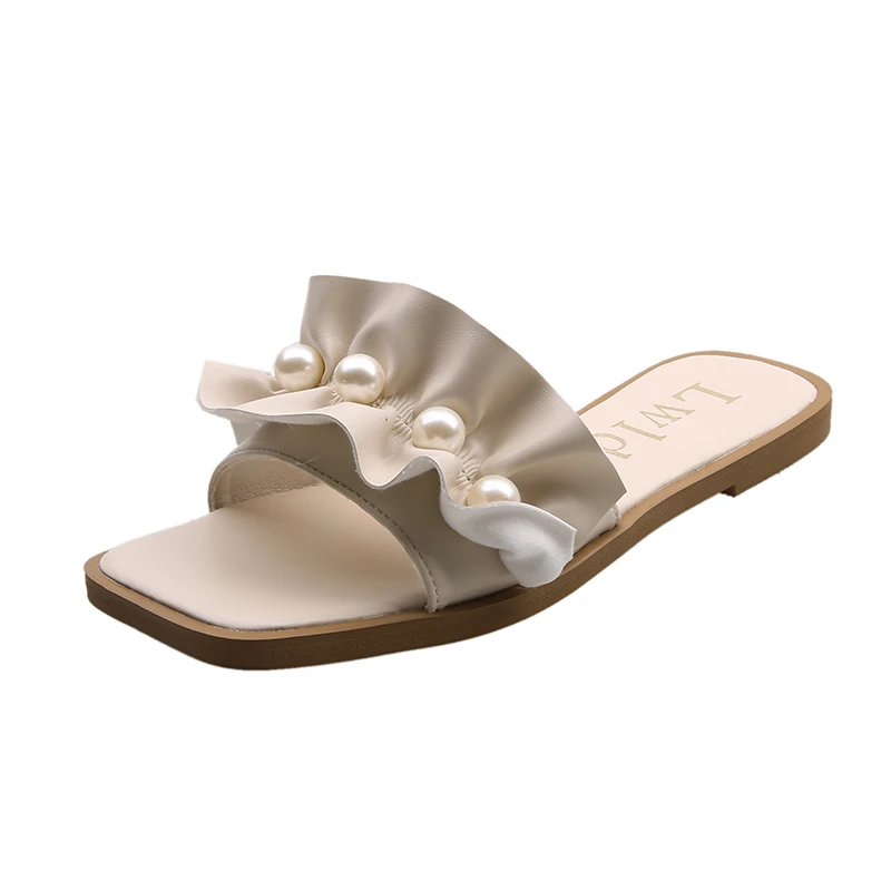 

Summer Women Slippers Ruffles String Bead Pearl Flat Elegant Outdoor Slides Rubber Sole Footwear Comfortable Ladies Shoes Female