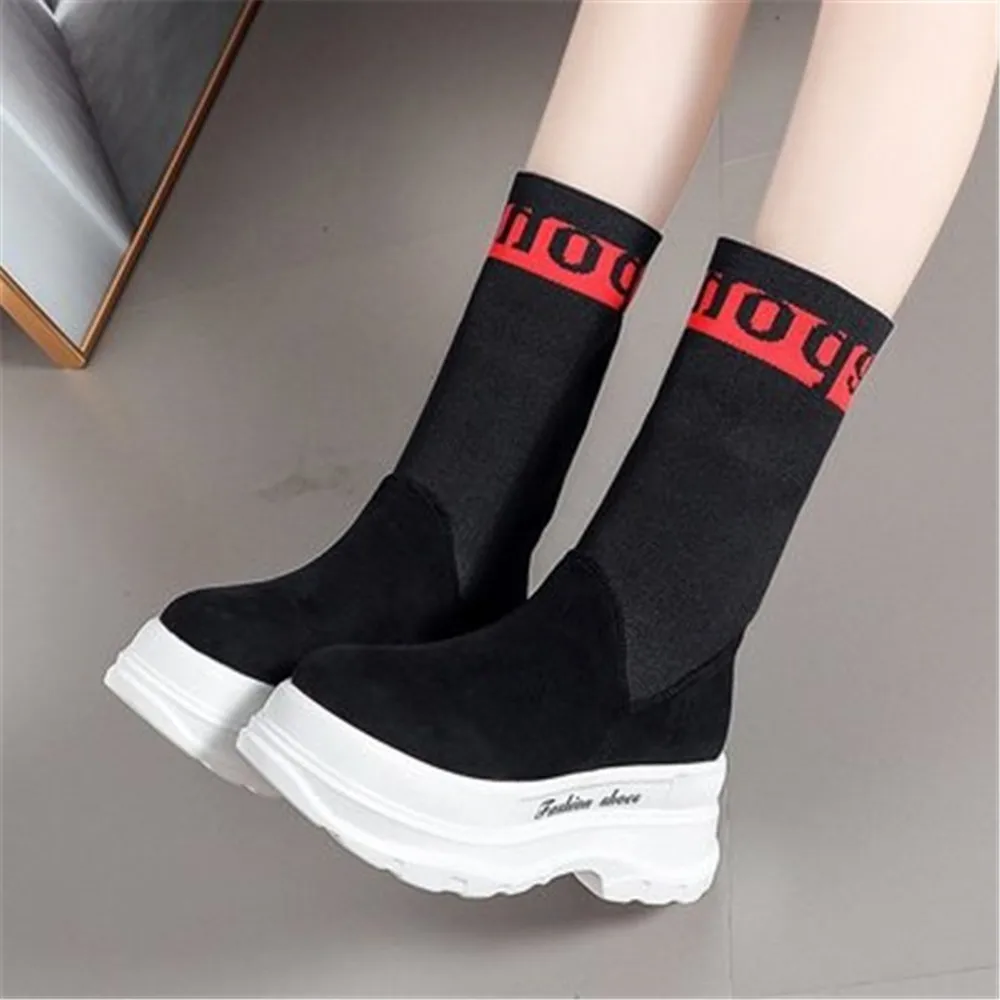 

2020 Winter Fashion Ankle Boots For Women Platform Chunky Ladies's Sock Boots Stretch Fabric Shoes Female Slip On Sneakers Black