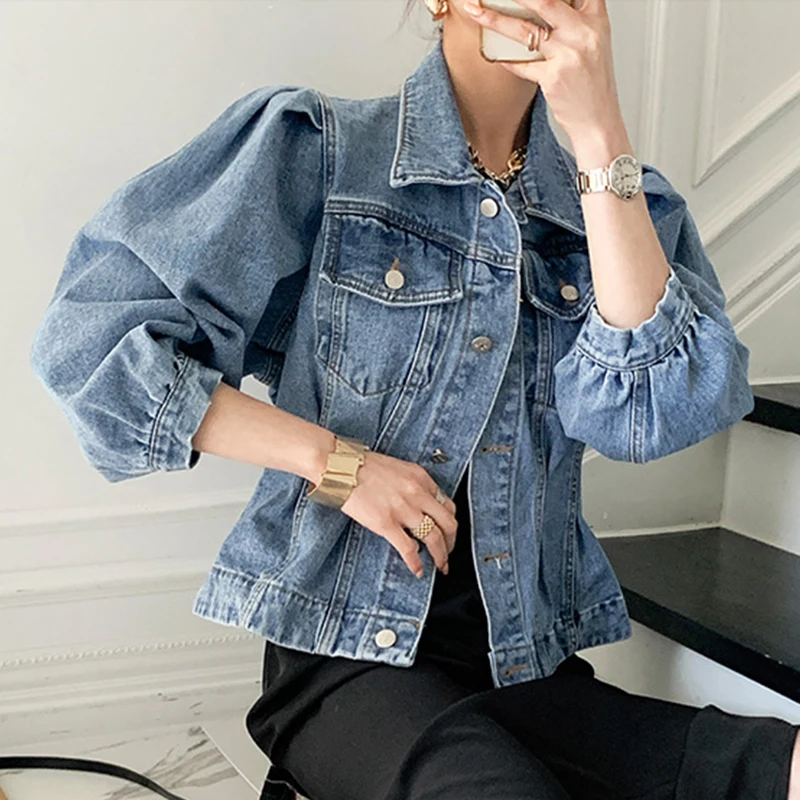 

2021 Spring Female Turn Down Collar Single Breasted Puff Sleeve Minimalist Solid Color Short Blue Denim Jacket Coat