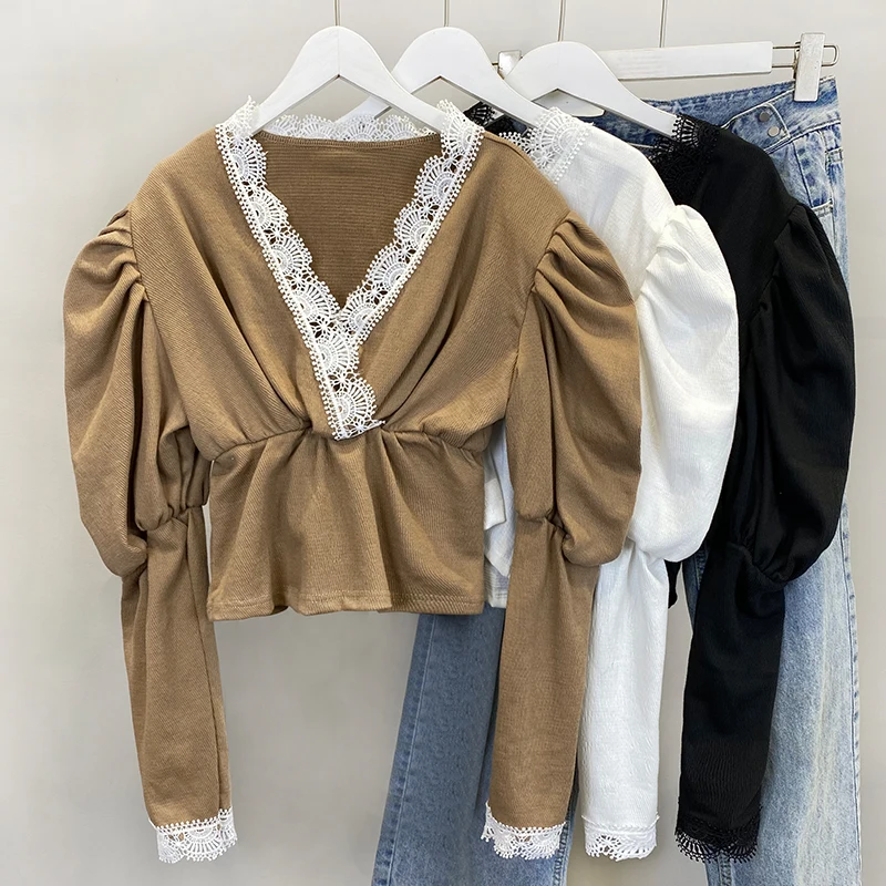 

Французская нишевая кружевная строчка, приталенная рубашка с короткой талией, Женская Осенняя плиссированная Облегающая рубашка с высокой...