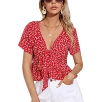 women summer blouse full floral tied v neck low cut short sleeves flounce crop tops for girls redyellow