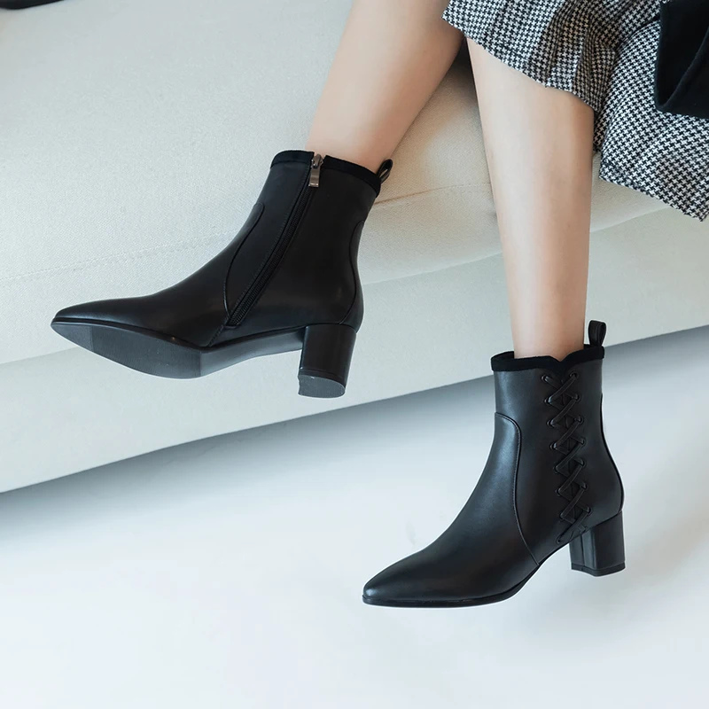 

WETKISS High Heels Thick Boots Women Cross Tied Ankle Booties Female Pu Shoes Ladies Pointed Toe Zip Shoes Spring 2020 New