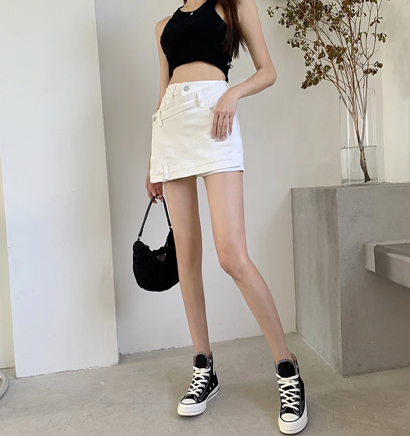

Stretch Denim Skirt with Built in Shorts Retro Sweet High Waist Pink Skirt Irregular Shorts Women Summer Mini Hot Pant Plus Size