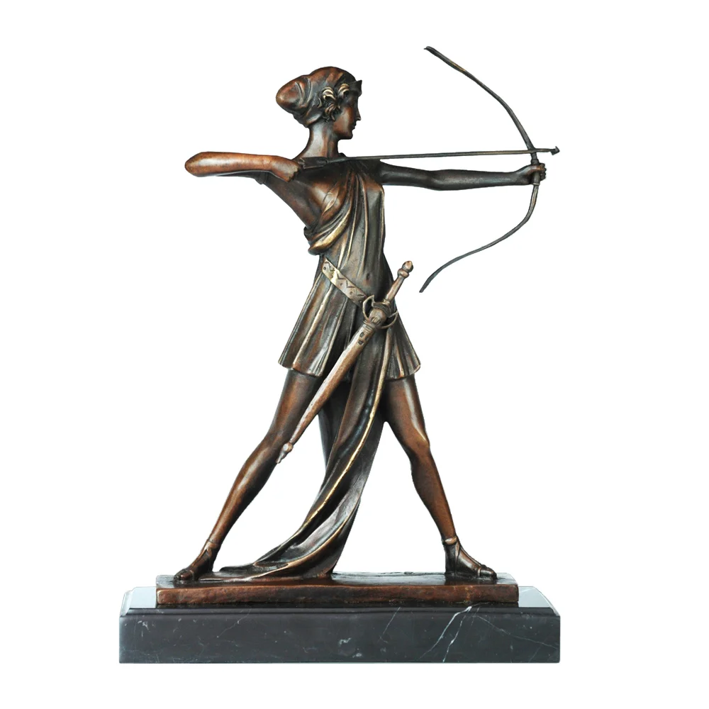 

Playing Bow and Arrow Woman Bronze Statue Vintage Warrior Sculpture Brass Female Figurine Home Decor Antique Art