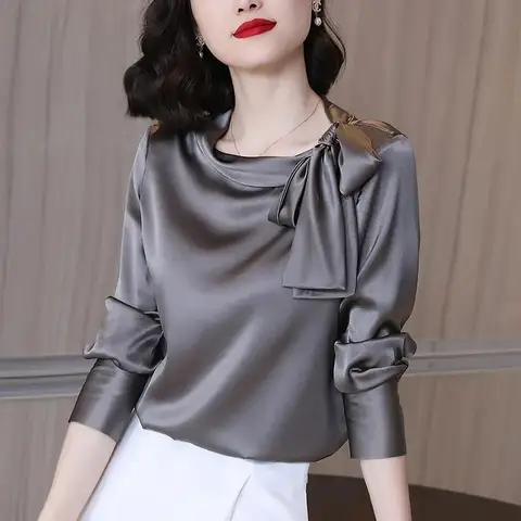 Блузка Женская атласная с длинным рукавом, элегантный Однотонный пуловер свободного покроя с бантом, в винтажном стиле, офисная одежда, весна-осень 2022