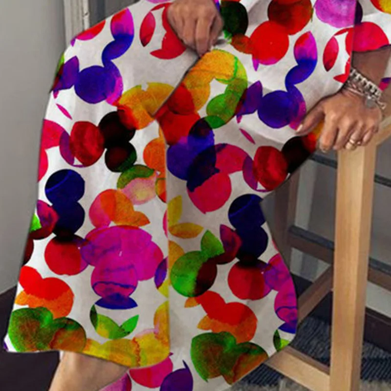 

2021 spring oversized Art print painting Loose dress Fashion long sleeves V neck button vintage long maxi dresses for women