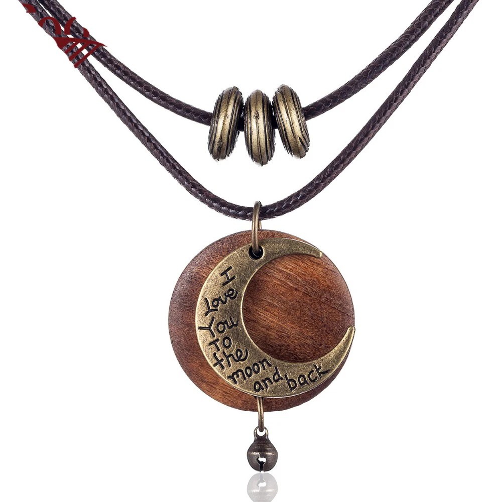 Colliers "Je t'aime jusqu'à la lune et retour" Collier pour femme Bijoux en bois vintage Pendentif gothique Produits tendance Soldes_voghion.com