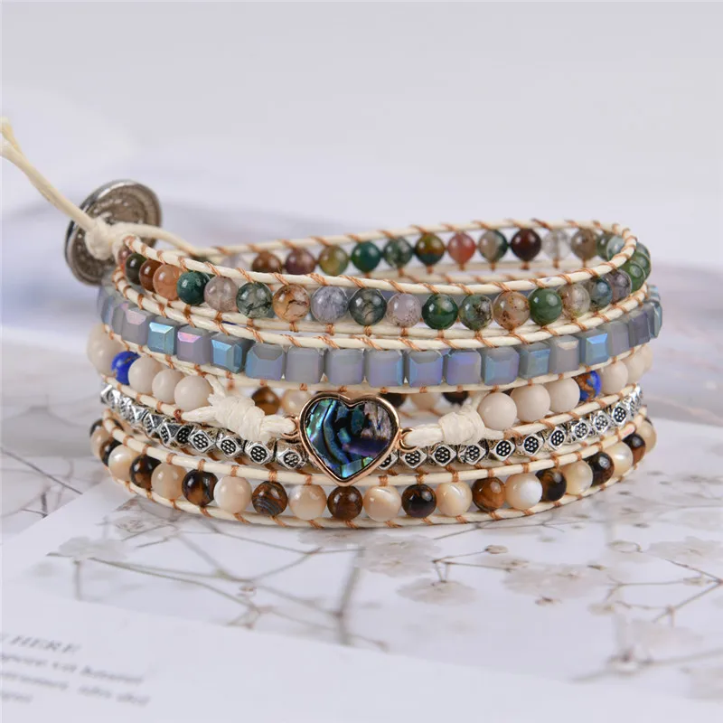 Wrap Bracelet for Women Mixed Natural Stones Heart Shape Charm 5 Strands Bracelets Handmade Boho Jewelery | Украшения и