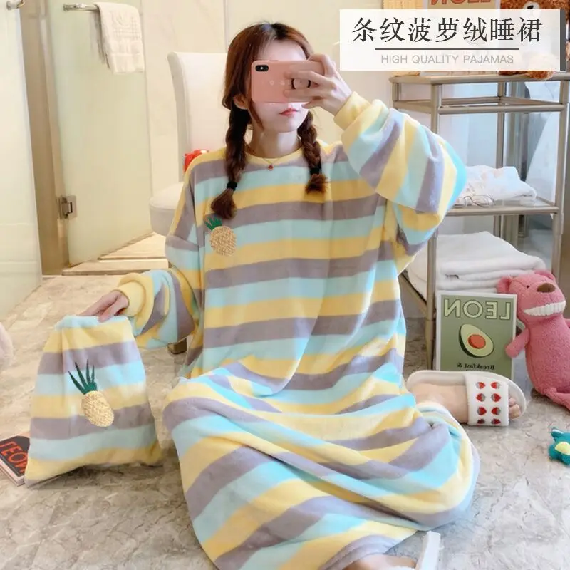 Long Women Nightgowns Winter Velvet Dress Sleepwear Thick Nighties Cute Homewear Flannel Pajamas Strawberry Duck Avocado