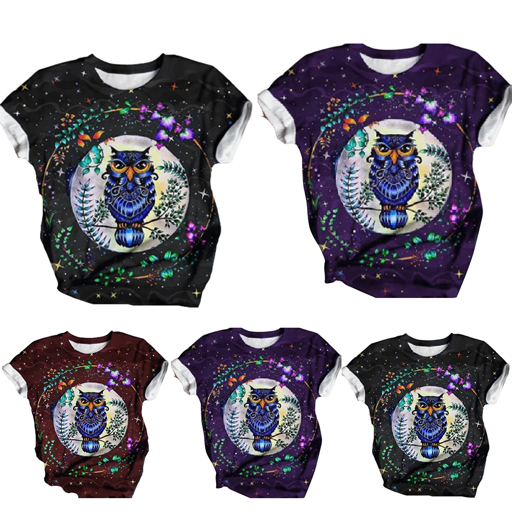 

Womens Owl Printed Short Sleeve T-Shirt Summer Casual Graphic T Shirts O-Neck Tops Holiday Tee Female Clothing