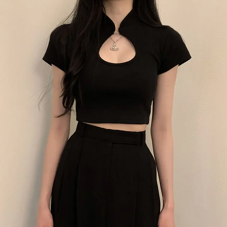 Женская облегающая футболка пуговица в виде китайского узла с коротким рукавом