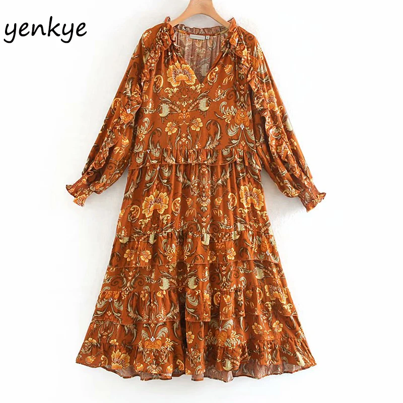 Женское многослойное длинное платье с цветочным принтом и рюшами для отдыха