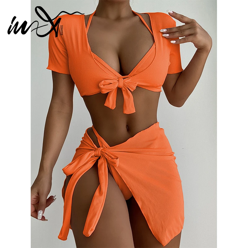 

In-X Sexy micro bikini set 4 pieces set High cut swimsuit women 2021 Triangle swimwear female Solid bathing suit biquini summer