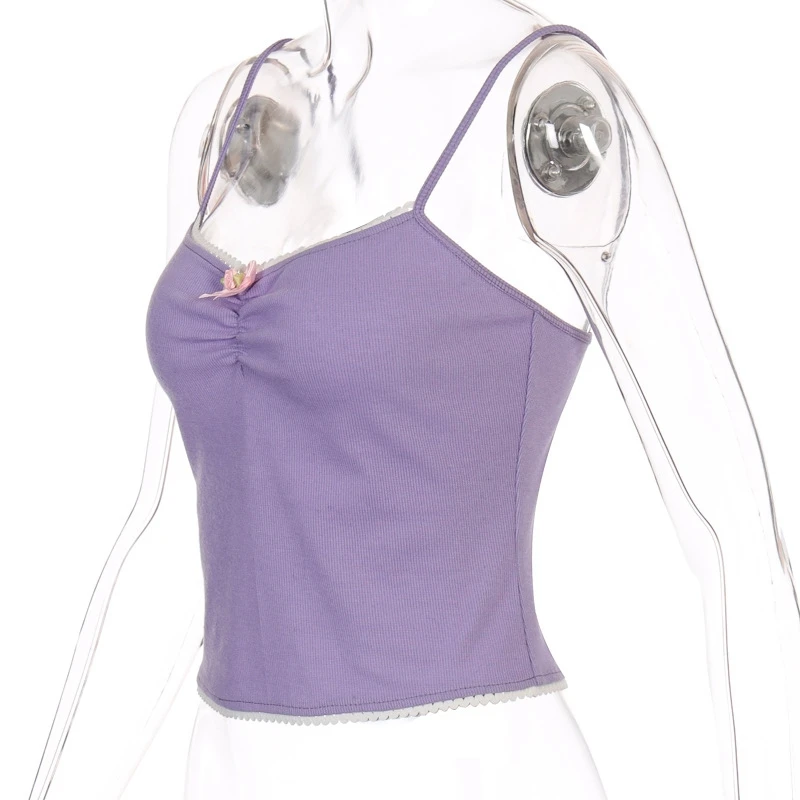 Милые летние топы на бретельках однотонные с рюшами и бантом фиолетовые открытой