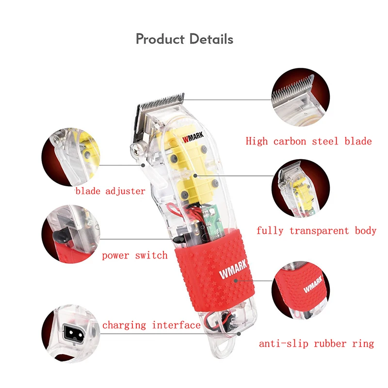 

Transparent Professional RechargeableClipper Hair Trimmer 6900 RPM 2200 Battery