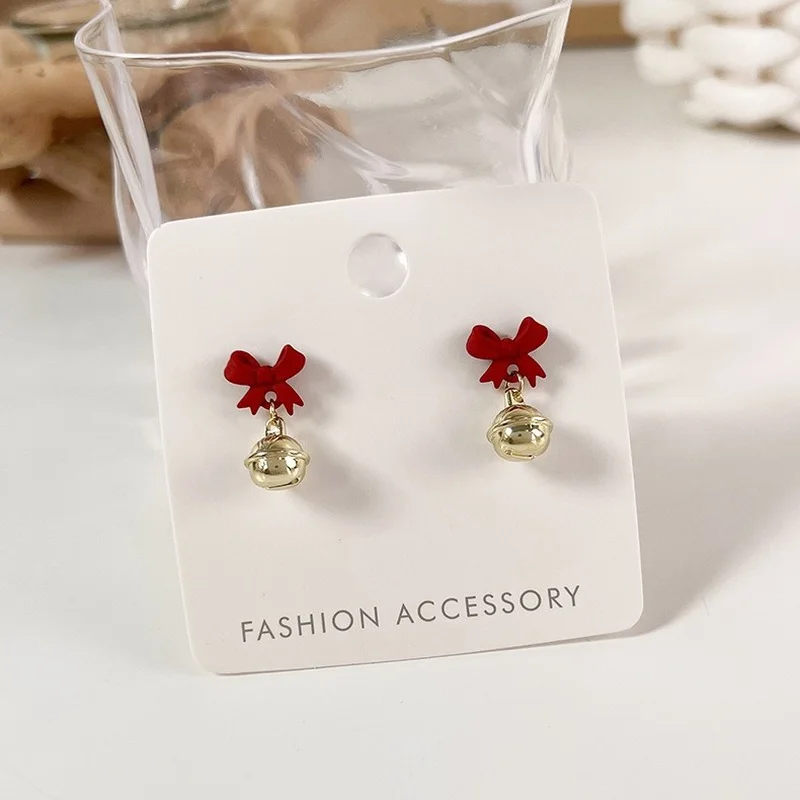 

Fashion Christmas Bow Knot Bell Stud Earrings for Women Hollow Cherry Red Earrings Girls Party Xmas New Year Jewelry Gift