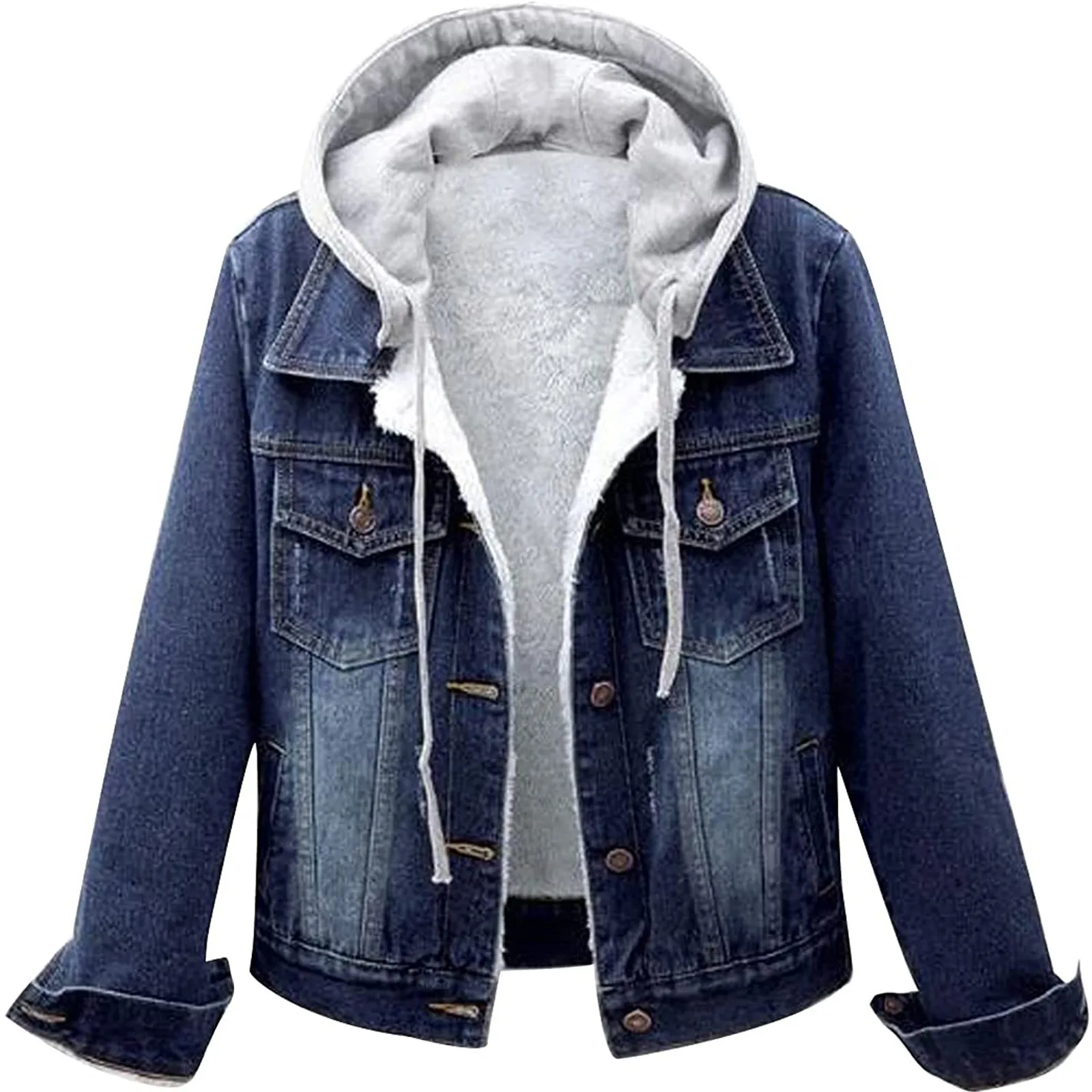 

2021NEW Denim Jacket For Women Winter Vintage Button Down Hoodies Long Sleeve Casual Short Jean Jacket Coat With Pocket