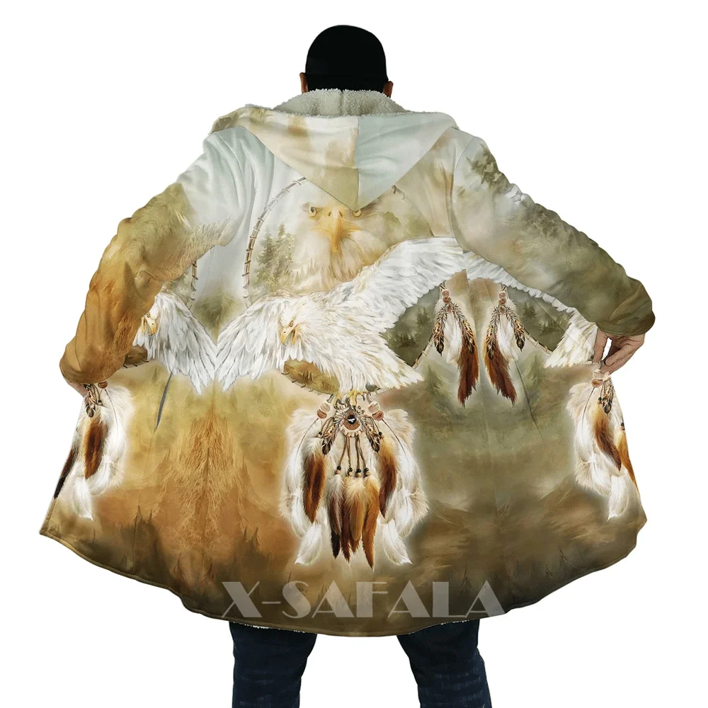 

Native Totem Feather Eagle Skull All Over 3D Printed Overcoat Thick Warm Hooded Cloak Coat for Men Windproof Fleece Unisex