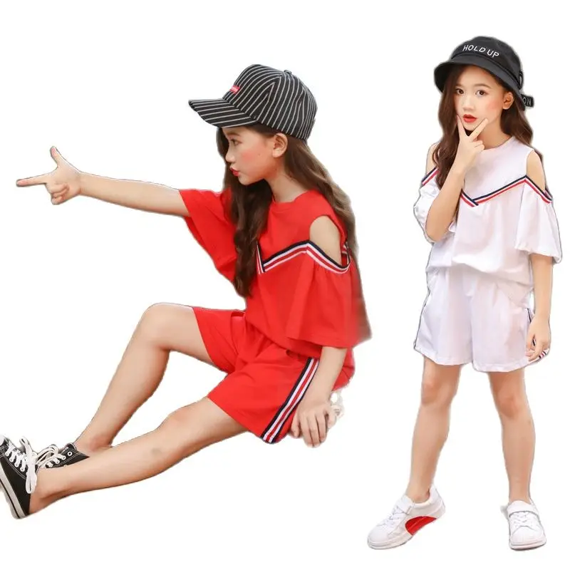 Летняя одежда для девочек новый стиль костюм на бретельках с открытыми плечами