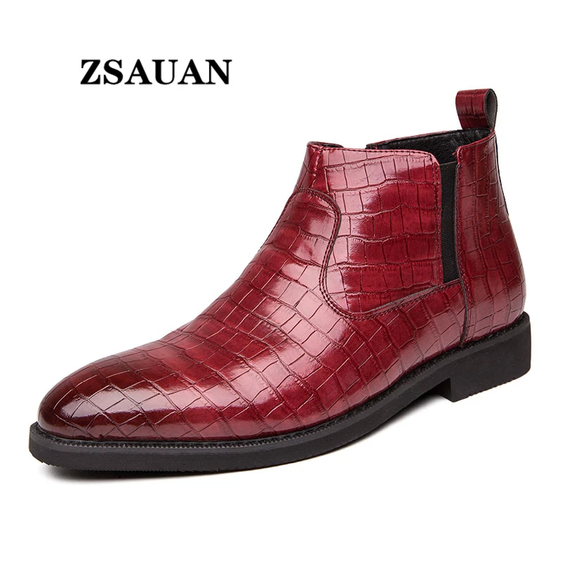 

ZSAUAN British Stylis Men Short Boots Spring Elegant Formal Ankle Zipper Boots Crocodile Pattern Brogue Red Chelsea Men Boots