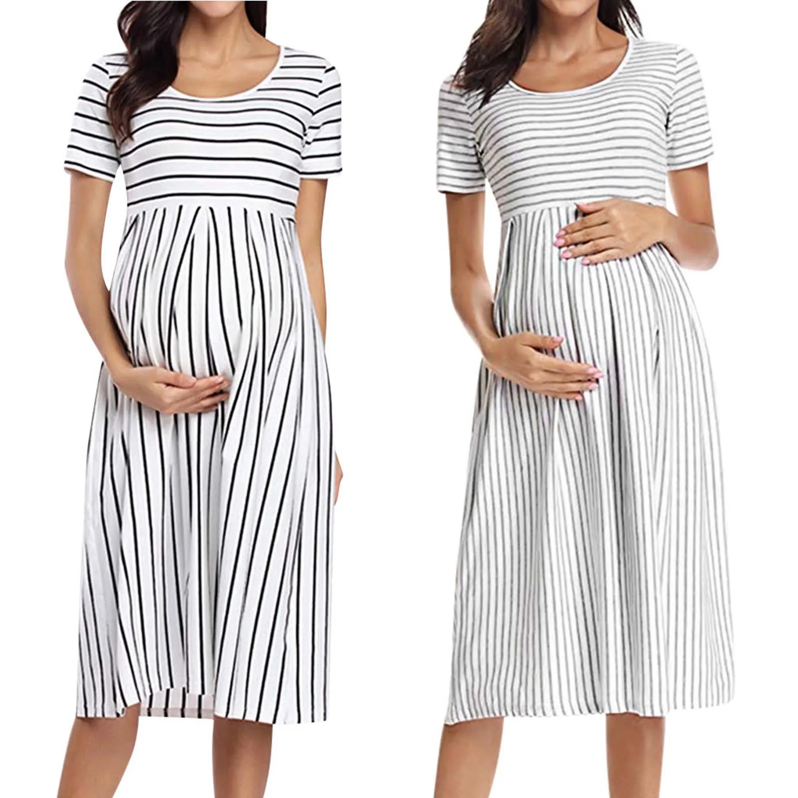 

Woman O-Neck Stripe Short Sleeve Breast-Feeding Pregnant Maternity Nursing Dress vestido lactancia verano robe allaitement Ã©tÃ©
