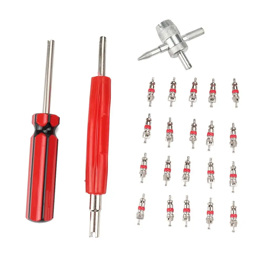 

20pcs Schrader Valve Core Dual Single Removers and 4-Way Tire Valve Tool Nickel and Zinc Alloy Plating Practical Repair Kit