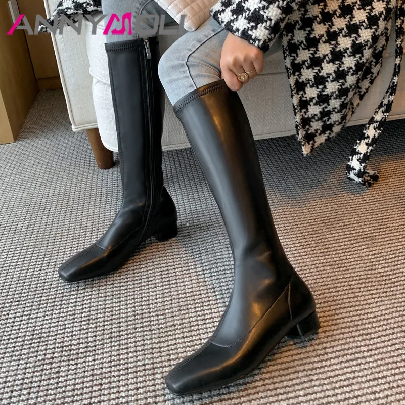 

ANNYMOLI Knee-High Boots Women Shoes Square Toe Block Heel Riding Boots Zip Mid Heels Long Boots Lady Autumn Winter Brown Black