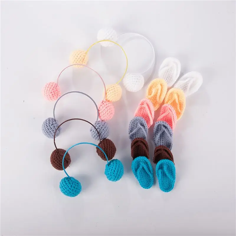 

NewBorn Photography Props Hand Crochet Baby Slippers +Headset Set Baby Photo Props Shoes Photography Accessories