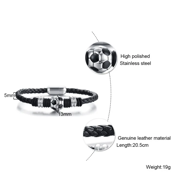 Hot sale 20.5CM long titanium steel football accessories leather men's bracelet&bangles