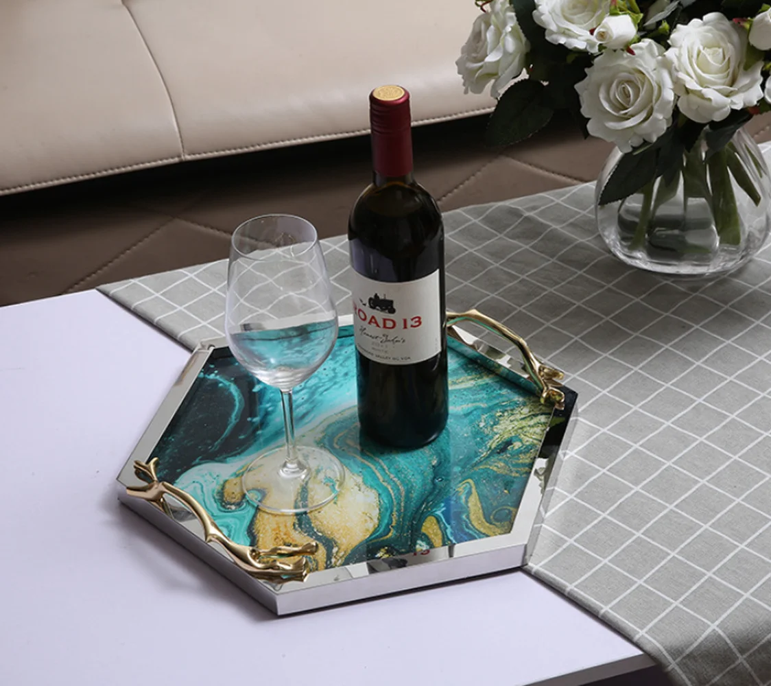 

Light Luxury Glass Tray Household Tea Trays Living Room Decorative Plate Copper Handle Jewelry Storage Tray Serving Platter