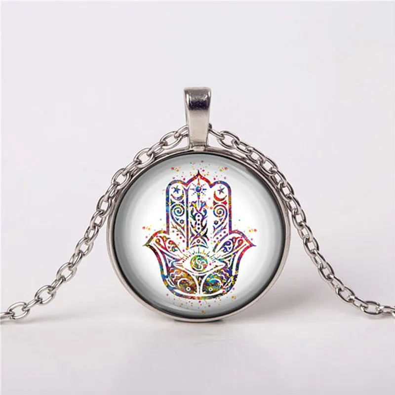 

Wholesale Art Glass Cabochon Necklace Glass Hamsa Necklace Colorful Hamsa Hand Pendant Amulet Picture Necklace Jewelry