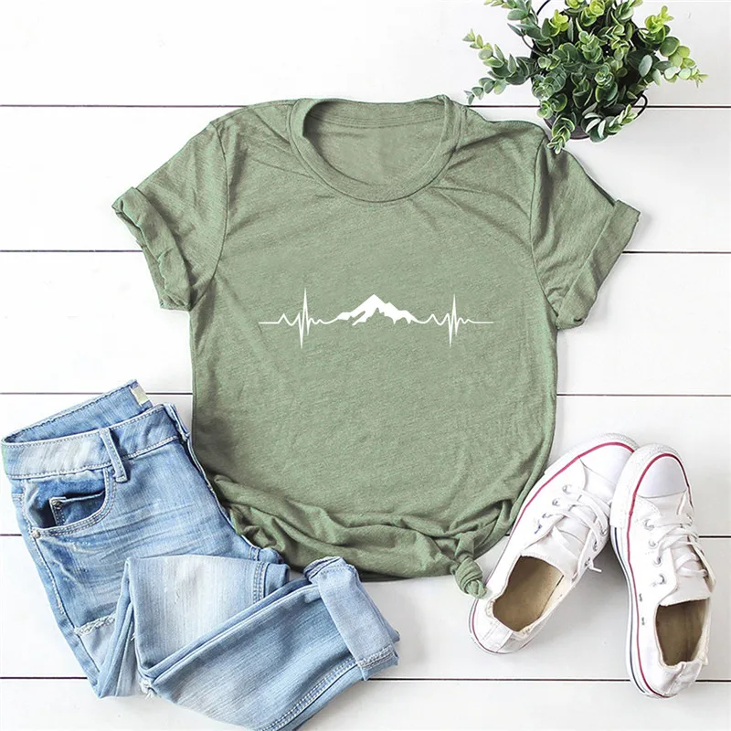 

Summer Plus Size S-5XL Shirt New Mountain Print TShirt 100%Cotton Women Shirts O Neck Short Sleeve Tees Casual Pink Tops