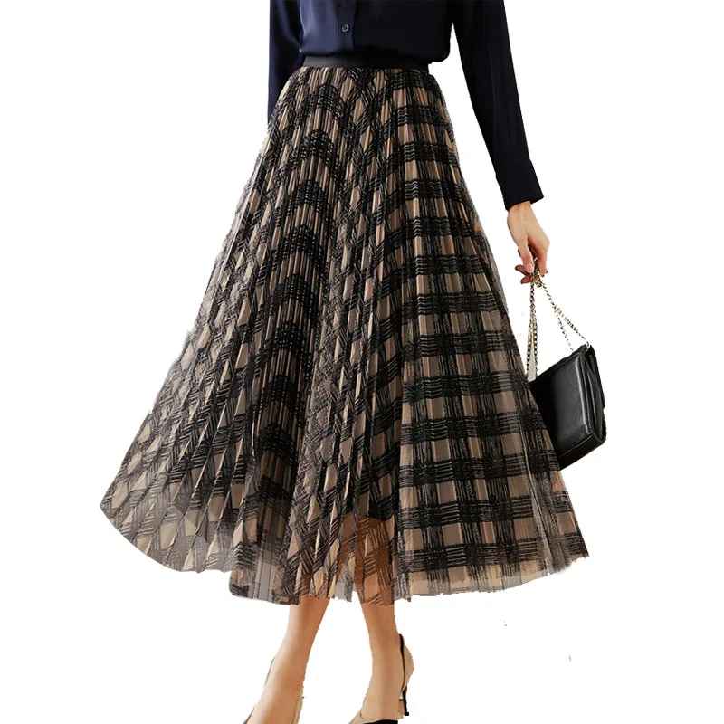 

Autumn A-line Plaid Printed Maxi Long Pleated Tulle Skirts