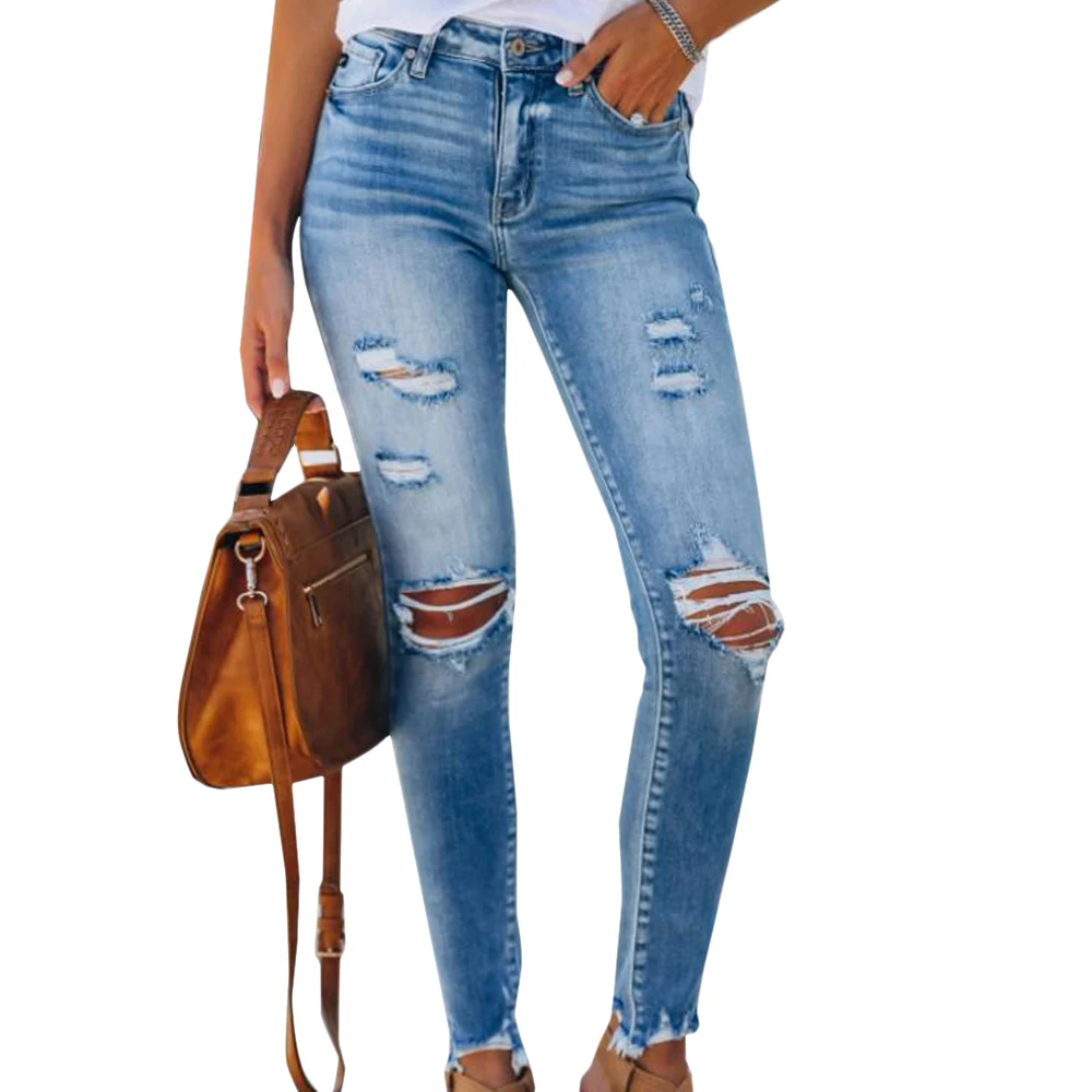 

Потертые обтягивающие джинсы для женщин с карманами и высокой талией, узкие джинсовые брюки-карандаш 2020, элегантные женские уличные рваные ...