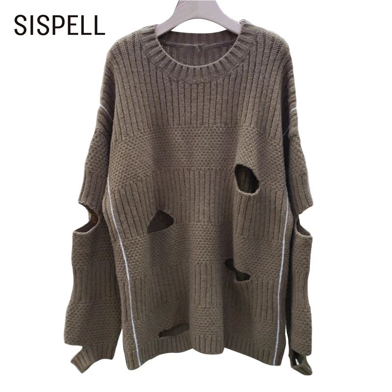 

Женский свитер SISPELL с вырезами, с круглым вырезом и длинным рукавом, однотонный Свободный Повседневный пуловер с высокой талией, свитер, нов...
