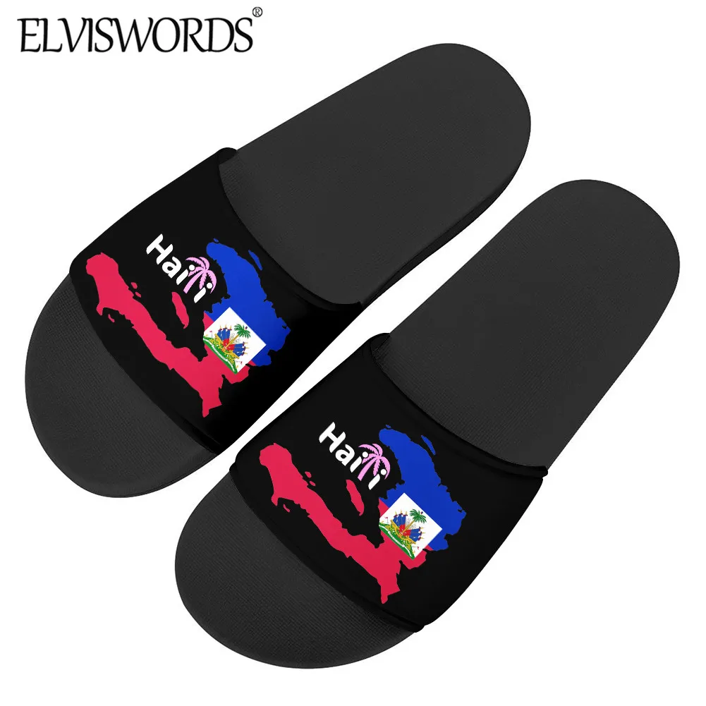 

ELVISWORDS, новинка 2020 года, модные летние сандалии с красным и синим флагом Гаити, тапочки для женщин и мужчин, Повседневная Удобная домашняя обу...