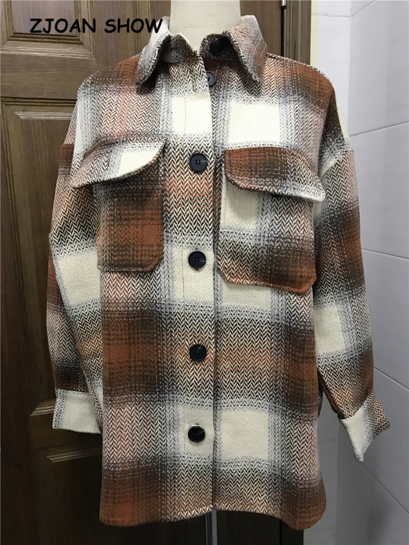 Женская рубашка в клетку кофейного цвета Мягкая шерстяная блузка с отложным