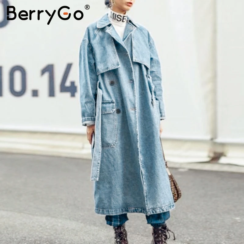 BerryGo Винтажный Длинный джинсовый Тренч женское элегантное пальто с поясом на