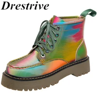 drestrive womens ankle boots lace up cow leather platform non slip mixed colors 2020 fashion autumn shoes patent leather